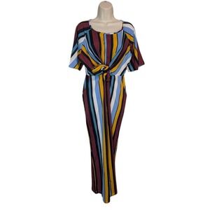 Davi & Dani Multicolor Striped Wide Leg Jumpsuit Tie Front Flutter Sleeve- Large